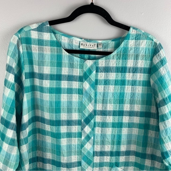 HABITAT Green White Checkered Crinkle Cotton 3/4 Sleeve Top Small - Picture 3 of 10